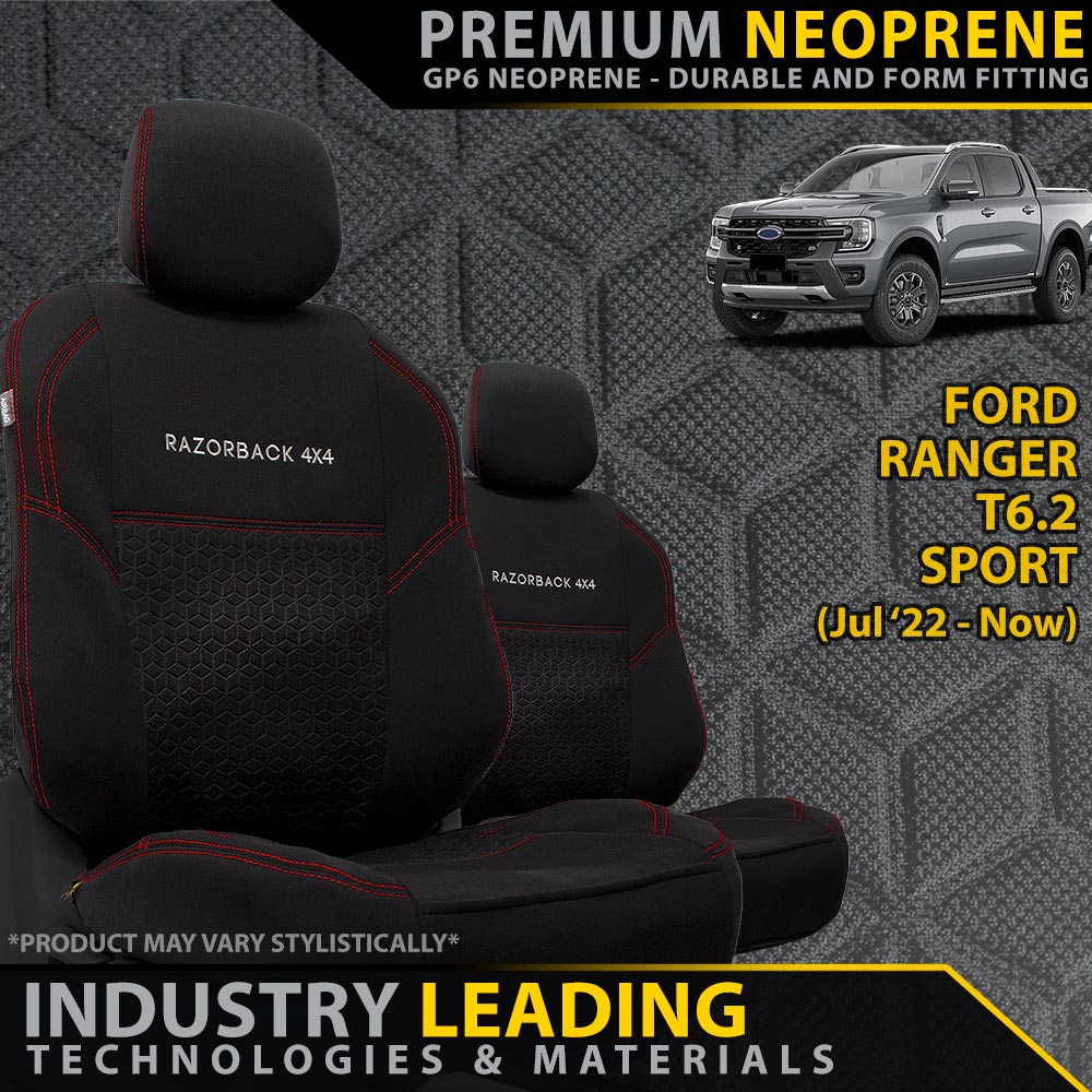 Ford Next-Gen Ranger T6.2 Sport Premium Neoprene 2x Front Row Seat Covers (Made to Order)-Razorback 4x4