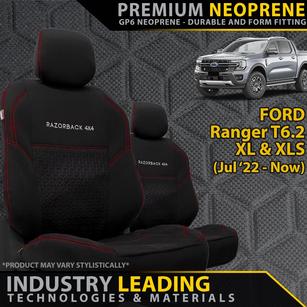 Ford Next-Gen Ranger T6.2 XL & XLS Premium Neoprene 2x Front Row Seat Covers (Made to Order)-Razorback 4x4