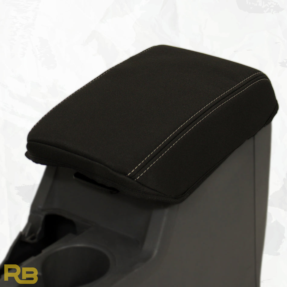 Black car armrest cover on a white background with 'RB' branding.