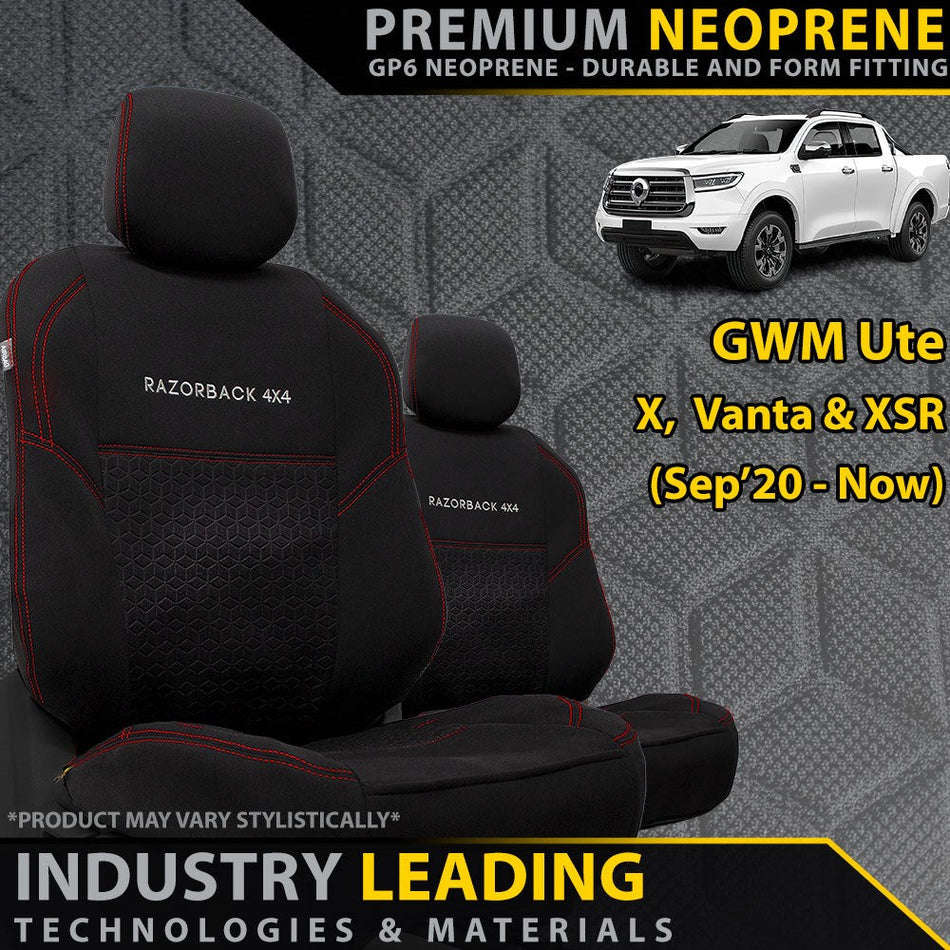 GWM Ute X, Vanta & XSR GP6 Premium Neoprene 2x Front Seat Covers (Made to Order)-Razorback 4x4