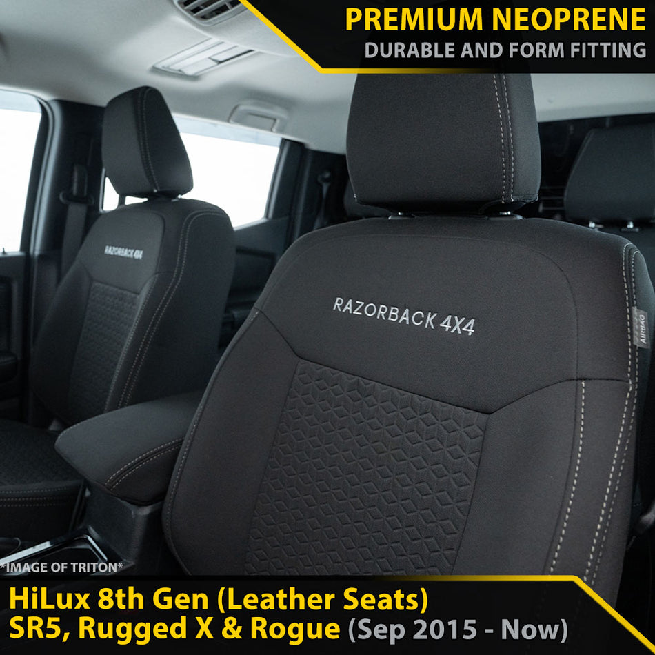 Toyota Hilux 8th Gen (Leather Seats) SR5, Rugged X & Rogue GP6 Premium Neoprene 2x Front Seat Covers (Available)-Razorback 4x4