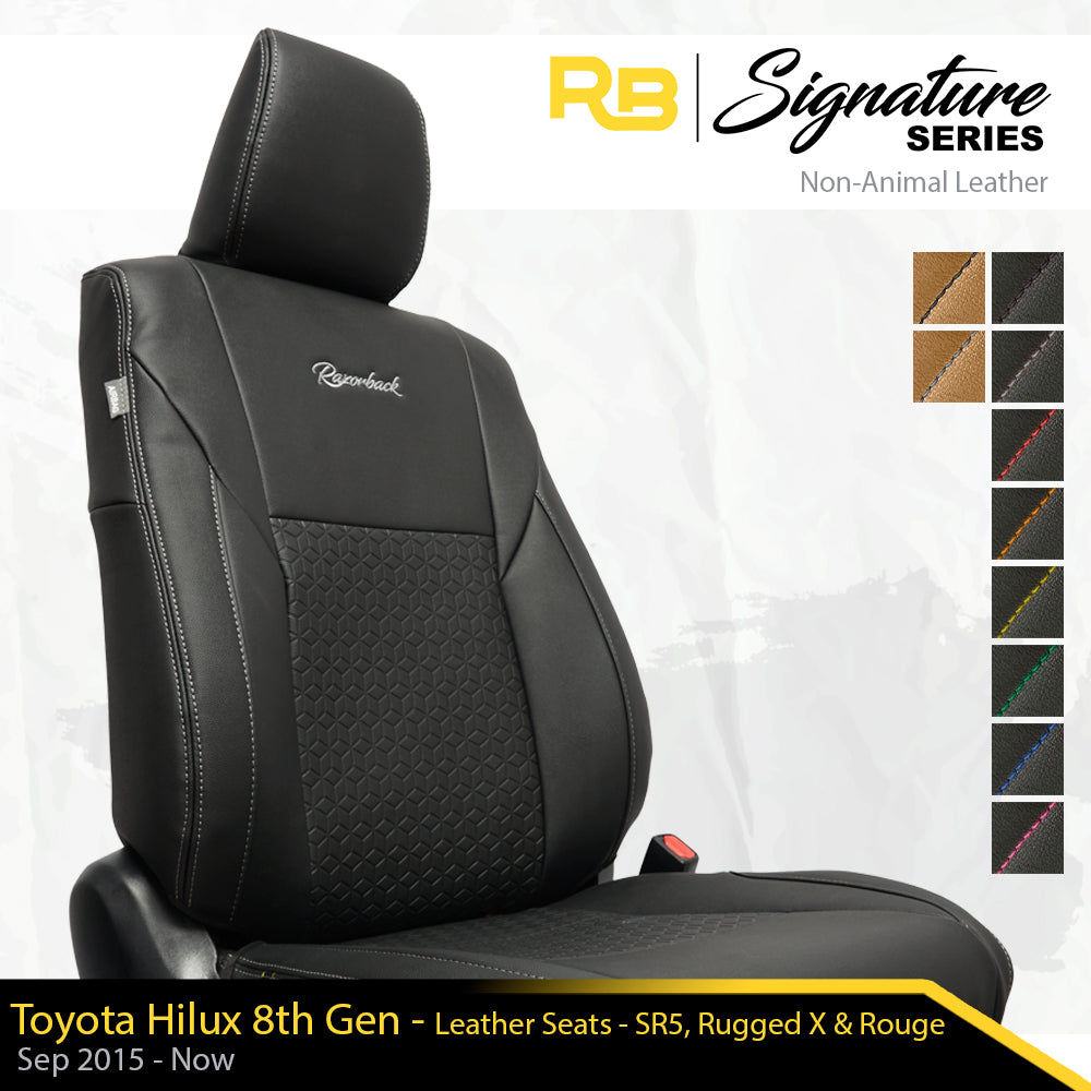 SIGNATURE SERIES Front Row Seat Covers - Toyota Hilux 8th Gen (Leather Seats) SR5, Rugged X & Rogue (Made To Order)