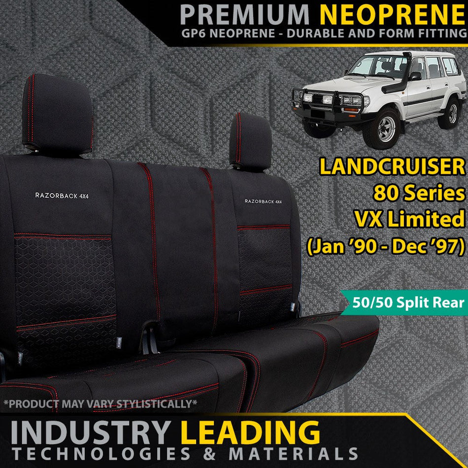 Toyota LandCruiser 80 Series VX Limited GP6 Premium Neoprene 2nd Row 50/50 Split Covers w/Armrest Cover (Available)-Razorback 4x4