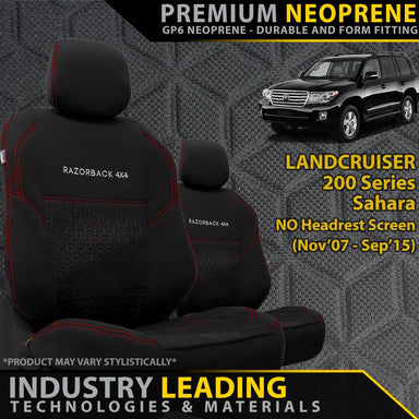 Toyota Landcruiser 200 Series Sahara (Pre Facelift) Premium Neoprene 2x Front Seat Covers (Made to Order)-Razorback 4x4