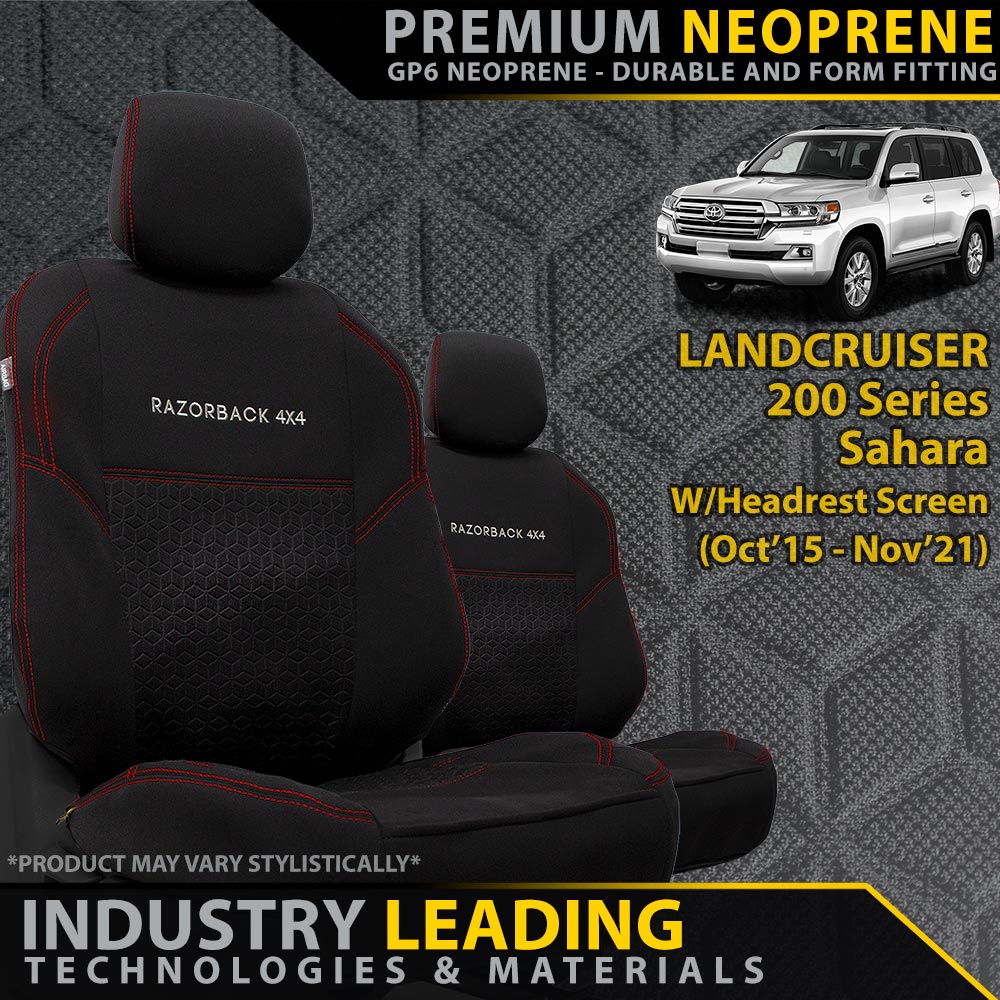 Toyota Landcruiser 200 Series Sahara W/Headrest Screen Premium Neoprene 2x Front Seat Covers (Made to Order)-Razorback 4x4