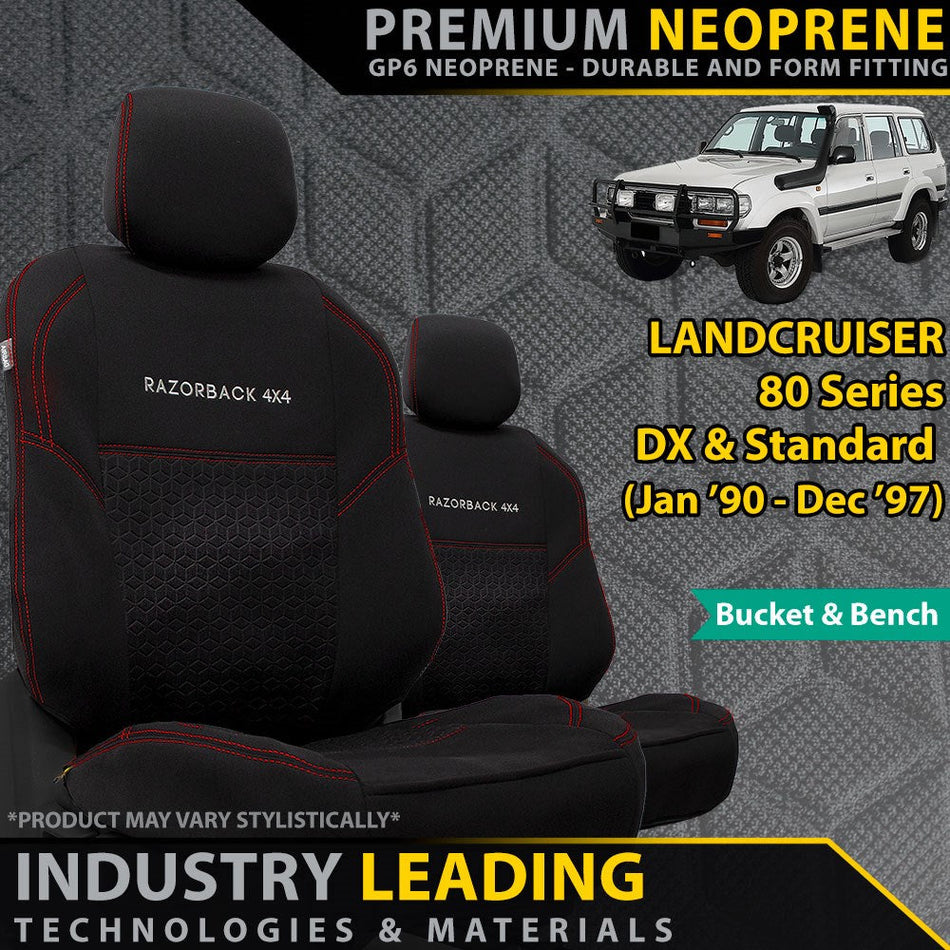 Toyota Landcruiser 80 Series DX & Standard GP6 Premium Neoprene Bucket + 3/4 Bench Seat Covers-Razorback 4x4