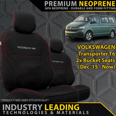 Volkswagen Transporter T6 Premium Neoprene 2x Front Bucket Seat Covers (Made to Order)-Razorback 4x4