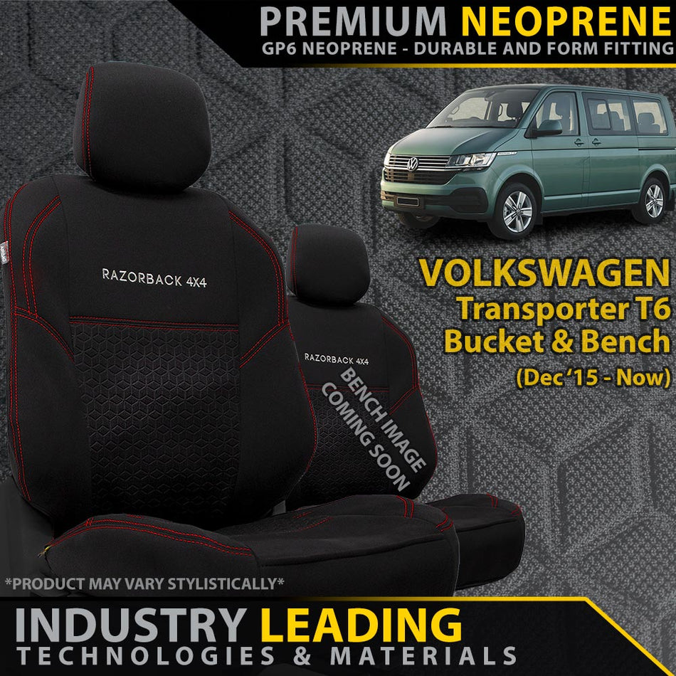 Volkswagen Transporter T6 Premium Neoprene Bucket & 3/4 Bench Seat Covers (Made to Order)-Razorback 4x4