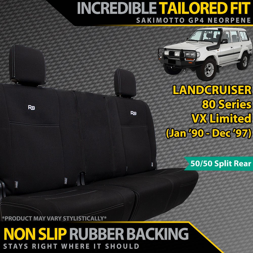 Toyota Landcruiser 80 Series VX Limited GP4 Neoprene 2nd Row 50/50 Split Covers w/Armrest Cover (Made to Order)